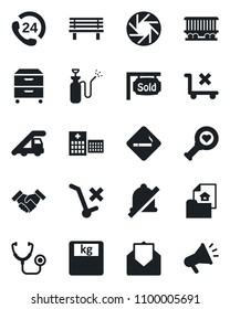 Set of vector isolated black icon - smoking place vector, ladder car, bench, garden sprayer, stethoscope, heart diagnostic, scales, hospital, railroad, 24 hours, no trolley, mail, mobile camera