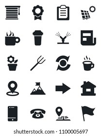 Set of vector isolated black icon - right arrow vector, flower in pot, farm fork, navigation, cell phone, place tag, sertificate, update, clipboard, coffee, news, house, sun panel, irrigation, flag