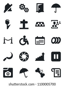 Set of vector isolated black icon - fence vector, taxi, umbrella, disabled, growth statistic, sickle, broken bone, signpost, tulip, pause button, mobile camera, mute, photo gallery, hr, plates, door