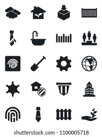 Set of vector isolated black icon - clouds vector, pedestal, pennant, tie, shovel, cargo container, package, barcode, settings, fingerprint id, office building, bathroom, estate insurance, eco house