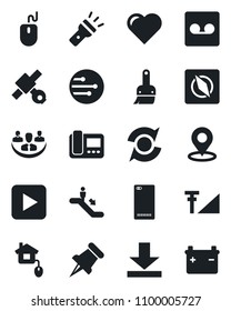 Set of vector isolated black icon - escalator vector, mouse, heart, satellite, paper pin, play button, phone back, themes, record, network, download, torch, place tag, compass, cellular signal