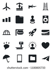Set of vector isolated black icon - umbrella vector, stamp, boarding, brainstorm, ladder, well, greenhouse, heart, sorting, heavy scales, speaker, mobile, folder, windmill, rooms, credit card