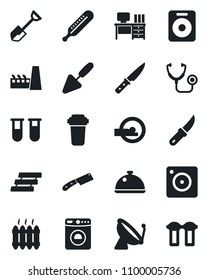 Set of vector isolated black icon - satellite antenna vector, washer, desk, trowel, shovel, garden knife, stethoscope, blood test vial, thermometer, tomography, speaker, mobile camera, paper tray