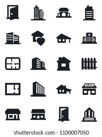 Set of vector isolated black icon - office building vector, fence, house, hospital, store, with garage, plan, sweet home, city, cafe, door