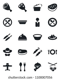 Set of vector isolated black icon - spoon and fork vector, waiter, dish, restaurant table, serviette, cafe, dress code, steak, kebab, ham, bowl, steaming pan, sushi