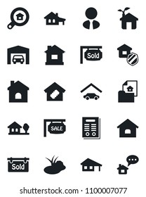 Set of vector isolated black icon - house vector, pond, contract, with garage, tree, estate document, sale, sold signboard, search, agent, smart home, insurance, eco, message