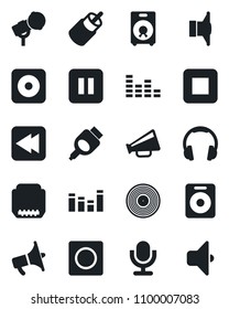 Set of vector isolated black icon - vinyl vector, microphone, speaker, loudspeaker, equalizer, headphones, pause button, stop, rewind, rec, rca, hdmi, record, sound