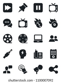 Set of vector isolated black icon - tv vector, brainstorm, reel, flame disk, microphone, touch screen, dialog, speaker, laptop pc, radio phone, group, paper pin, pause button, fast forward