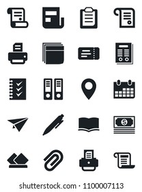 Set of vector isolated black icon - ticket vector, book, office binder, pen, calendar, printer, contract, pin, cash, clipboard, paper clip, news, blank box, checklist, serviette, plane