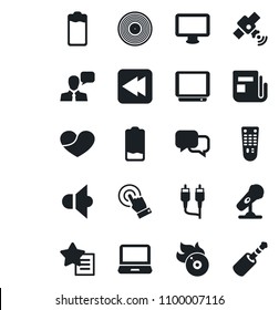 Set of vector isolated black icon - vinyl vector, flame disk, microphone, satellite, news, speaker, tv, remote control, touch screen, dialog, monitor, laptop pc, favorites list, heart, battery, low