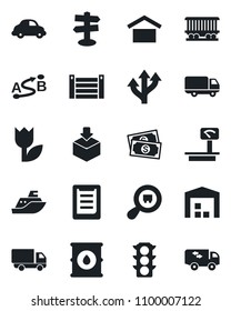Set of vector isolated black icon - route vector, signpost, railroad, cash, traffic light, sea shipping, car delivery, container, clipboard, warehouse storage, tulip, package, oil barrel, moving