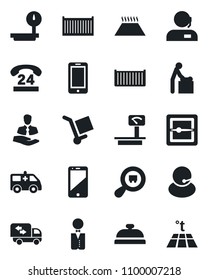 Set of vector isolated black icon - baby room vector, mobile phone, ambulance car, 24 hours, support, client, cargo container, heavy scales, search, cell, scanner, moving, waiter, reception