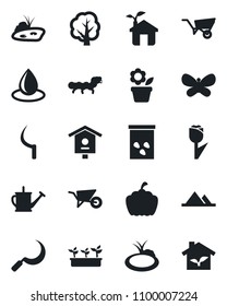 Set of vector isolated black icon - flower in pot vector, tree, watering can, wheelbarrow, butterfly, seedling, water drop, sickle, pumpkin, seeds, caterpillar, pond, bird house, tulip, mountains