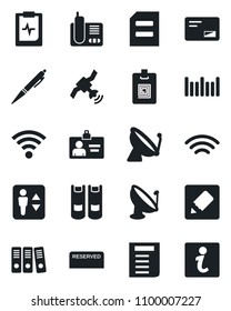 Set of vector isolated black icon - satellite antenna vector, elevator, identity card, book, document, pulse clipboard, barcode, radio phone, mail, notes, wireless, paper binder, pen, reserved