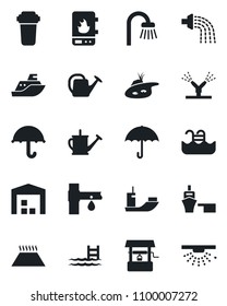 Set of vector isolated black icon - watering can vector, well, drip irrigation, sea shipping, port, umbrella, pond, pool, warehouse, bathroom, water heater, filter, warm floor, sprinkler