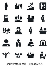Set of vector isolated black icon - dispatcher vector, passport control, elevator, reception, medical room, manager, pedestal, team, place, support, client, meeting, career ladder, waiter