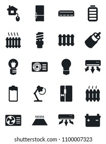 Set of vector isolated black icon - bulb vector, battery, rca, desk lamp, heater, air conditioner, fridge, home control, radiator, warm floor, energy saving