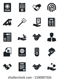 Set of vector isolated black icon - passport vector, ladder car, handshake, document, farm fork, client, fingerprint id, contract, estate, waiter, remote control, combination lock, palm sproute