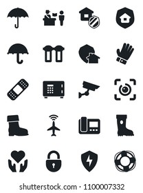 Set of vector isolated black icon - plane radar vector, passport control, safe, lock, glove, boot, patch, heart hand, umbrella, protect, eye id, estate insurance, intercome, water filter, home
