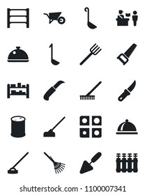 Set of vector isolated black icon - passport control vector, trowel, farm fork, rake, wheelbarrow, saw, hoe, garden knife, oil barrel, rack, application, dish, ladle, radiator