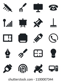 Set of vector isolated black icon - presentation board vector, drawing pin, bulb, garden fork, rake, satellite, hdmi, fingerprint id, cellular signal, ink pen, pencil, plan, phone, rolling, pc
