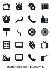 Set of vector isolated black icon - alarm clock vector, stamp, sickle, plant label, vinyl, flame disk, tv, radio phone, call, abacus, office, turkish coffee