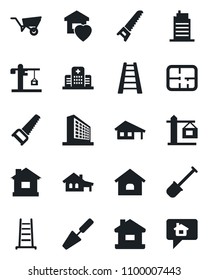 Set of vector isolated black icon - office building vector, trowel, shovel, ladder, wheelbarrow, saw, house, hospital, with garage, plan, sweet home, city, crane, message