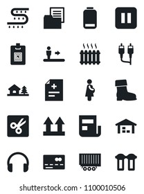 Set of vector isolated black icon - escalator vector, credit card, boot, drip irrigation, diagnosis, pregnancy, truck trailer, folder document, up side sign, headphones, low battery, pause button
