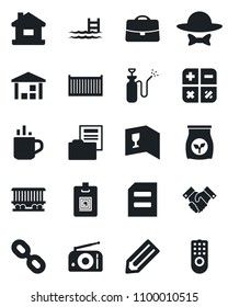 Set of vector isolated black icon - hot cup vector, calculator, document, pencil, garden sprayer, fertilizer, railroad, cargo container, warehouse, radio, chain, case, folder, identity card, house