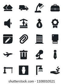 Set Of Vector Isolated Black Icon - Barrier Vector, Trash Bin, Male, Tie, Well, Plane, Car Delivery, Microphone, Notes, Sertificate, Paper Clip, Desk Lamp, City House, Serviette, Outdoor, Sound