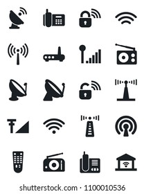 Set of vector isolated black icon - antenna vector, satellite, office phone, radio, remote control, wireless, cellular signal, lock, router, garage gate