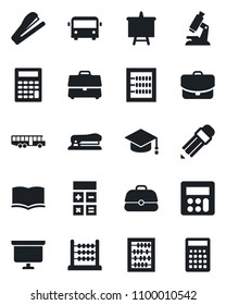 Set of vector isolated black icon - airport bus vector, book, calculator, graduate, abacus, presentation board, microscope, case, pencil, stapler
