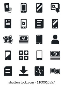 Set of vector isolated black icon - mobile phone vector, document, cash, cell, user, download, application, restaurant receipt, home control app