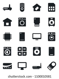 Set of vector isolated black icon - washer vector, calculator, monitor, speaker, phone back, sim, smart home, credit card, chip, remote control, router, usb flash