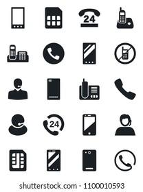 Set of vector isolated black icon - phone vector, no mobile, 24 hours, support, cell, radio, back, call, sim, office