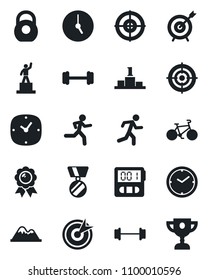 Set of vector isolated black icon - pedestal vector, medal, barbell, bike, run, heavy, clock, stopwatch, target, mountains, award cup
