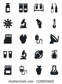 Set of vector isolated black icon - satellite antenna vector, book, blood test vial, dropper, microscope, ampoule, real heart, joint, virus, sd, thermometer, flask