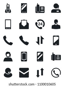 Set of vector isolated black icon - mobile phone vector, office, 24 hours, support, cell, radio, mail, call, data exchange