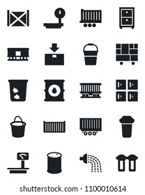 Set of vector isolated black icon - trash bin vector, checkroom, bucket, watering, railroad, truck trailer, cargo container, consolidated, package, oil barrel, heavy scales, archive box