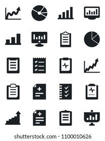 Set of vector isolated black icon - growth statistic vector, monitor, diagnosis, pulse clipboard, statistics, bar graph, pie, checklist, presentation