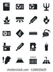 Set of vector isolated black icon - fire vector, hose, fireplace, thermometer, heater, air conditioner, candle, water, smoke detector, warm floor