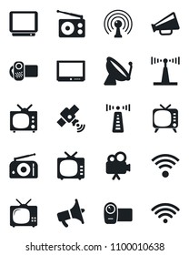 Set of vector isolated black icon - antenna vector, satellite, radio, loudspeaker, tv, video camera, wireless