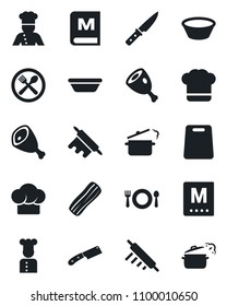 Set of vector isolated black icon - cook vector, cafe, hat, menu, bacon, ham, bowl, rolling pin, cutting board, knife, steaming pan