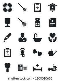 Set of vector isolated black icon - rake vector, watering can, bird house, diagnosis, dropper, pills bottle, patch, hospital bed, heart hand, implant, broken bone, pulse clipboard, doctor, fragile