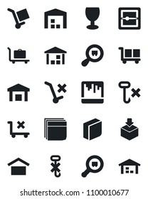 Set of vector isolated black icon - baggage trolley vector, fragile, cargo, warehouse storage, no, hook, package, search, scanner, blank box