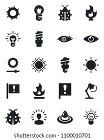 Set of vector isolated black icon - sun vector, bulb, lady bug, fire, eye, important flag, brightness, desk lamp, water, energy saving, shining head, idea