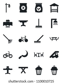 Set of vector isolated black icon - cafe vector, ladder car, rake, sickle, garden light, picnic table, fertilizer, bike, restaurant, alcove, outdoor lamp