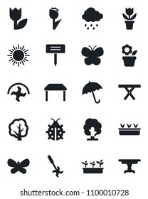 Set of vector isolated black icon - umbrella vector, sun, flower in pot, ripper, tree, butterfly, lady bug, seedling, rain, plant label, picnic table, tulip