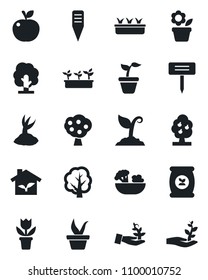 Set of vector isolated black icon - flower in pot vector, seedling, tree, sproute, plant label, fertilizer, fruit, salad, apple, eco house, palm