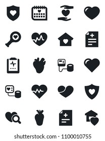 Set of vector isolated black icon - heart vector, pulse, diagnosis, blood pressure, diagnostic, shield, hand, real, medical calendar, clipboard, sweet home
